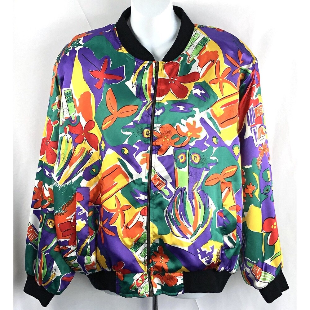 Vintage Bomber Satin Jacket L Retro Colorful Abstract Art Zip Up Pockets 80 90s